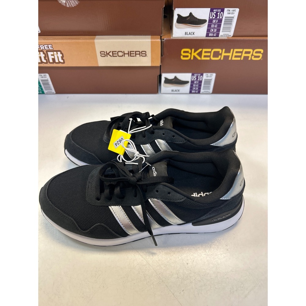 Adidas Sneakers Women 9 Black Silver Metallic Three Stripe Athletic Shoes 0624